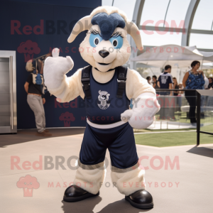 Navy Ram mascot costume character dressed with a Joggers and Suspenders