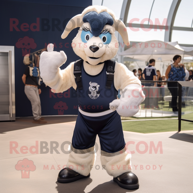 Navy Ram mascot costume character dressed with a Joggers and Suspenders Navy Ram mascot costume character dressed with a Joggers and Suspenders