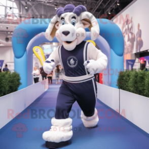 Navy Ram mascot costume character dressed with a Joggers and Suspenders