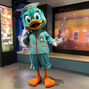 Teal Mandarin mascot costume character dressed with a Playsuit and Shoe clips