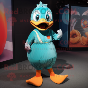Teal Mandarin mascot costume character dressed with a Playsuit and Shoe clips