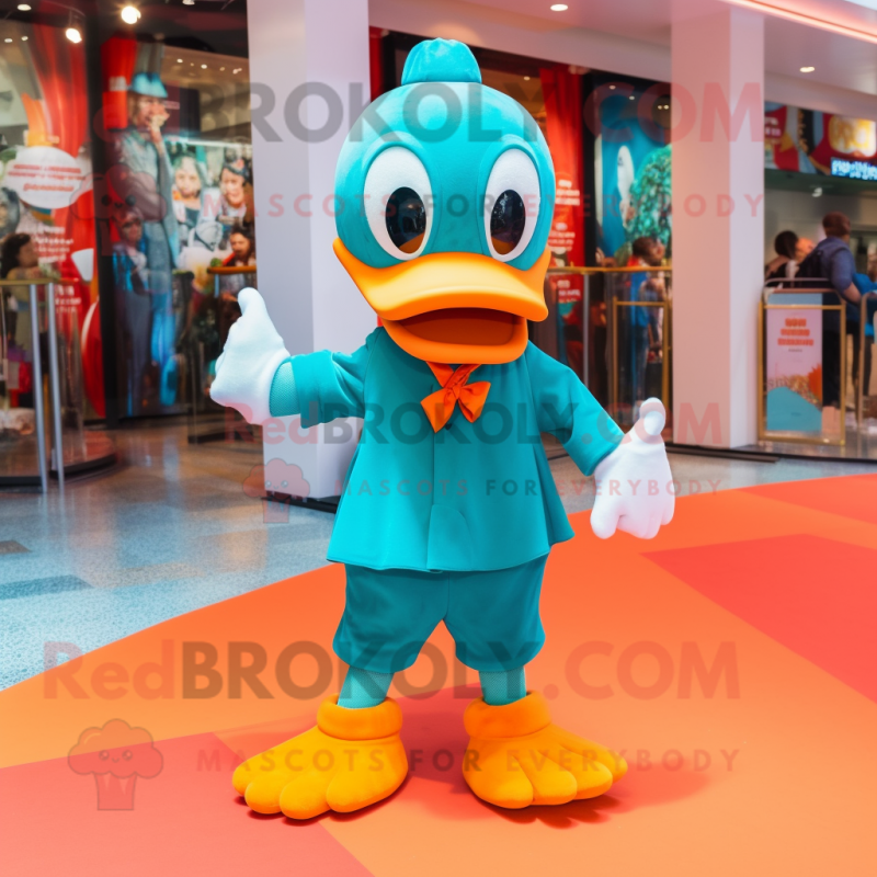 Teal Mandarin mascot costume character dressed with a Playsuit and Shoe clips