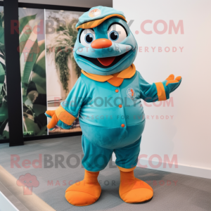 Teal Mandarin mascot costume character dressed with a Playsuit and Shoe clips