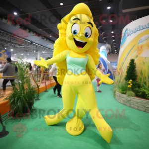 Lemon Yellow Mermaid mascot costume character dressed with a Jumpsuit and Suspenders