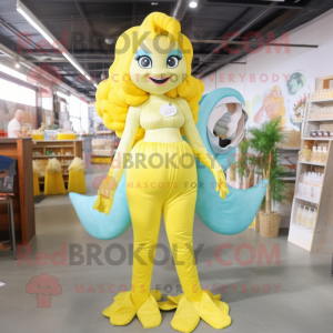 Lemon Yellow Mermaid mascot costume character dressed with a Jumpsuit and Suspenders