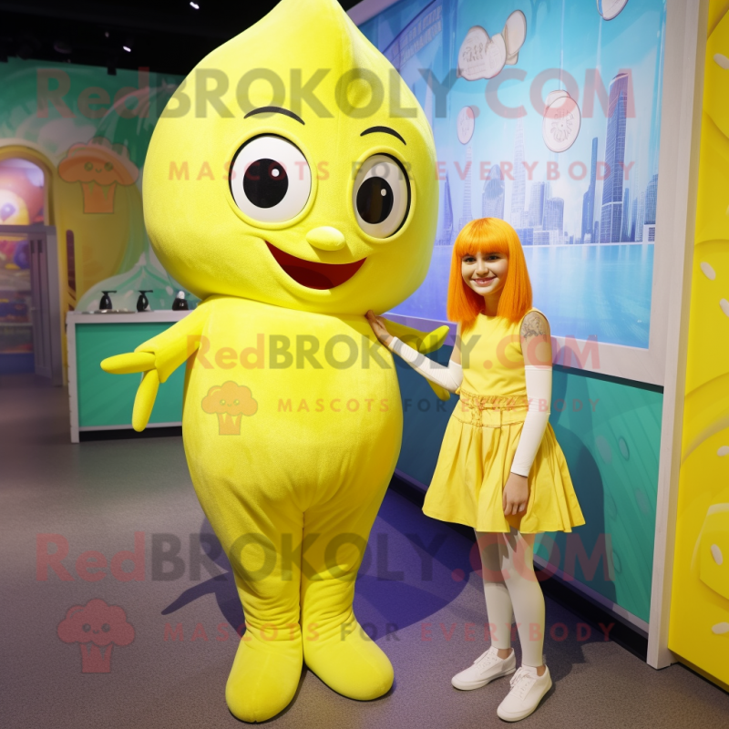 Lemon Yellow Mermaid mascot costume character dressed with a Jumpsuit and Suspenders