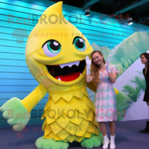 Lemon Yellow Mermaid mascot costume character dressed with a Jumpsuit and Suspenders