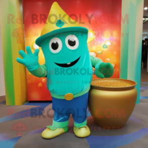 Turquoise Pot Of Gold mascot costume character dressed with a Chinos and Foot pads