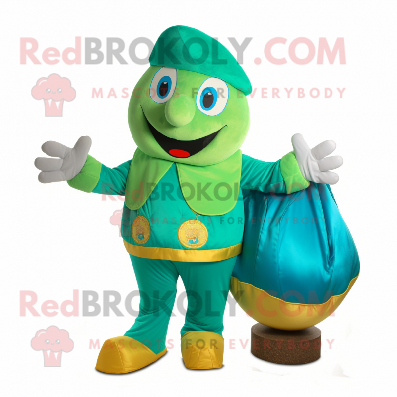 Turquoise Pot Of Gold mascot costume character dressed with a Chinos and Foot pads