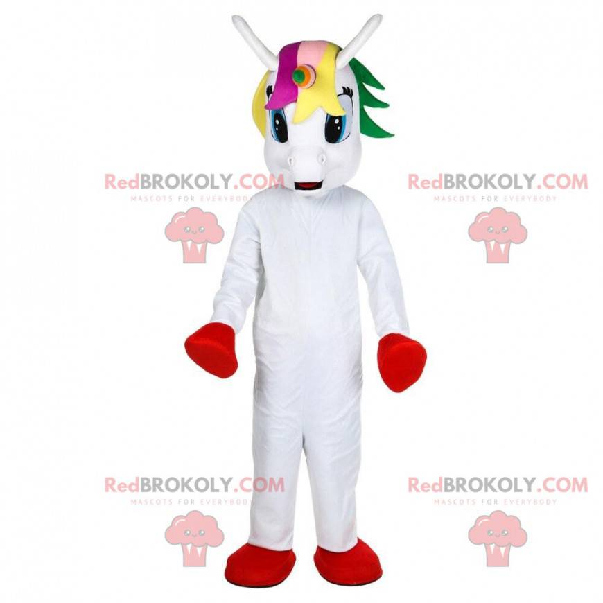 Mascotte unicorno bianco con testa colorata - Redbrokoly.com