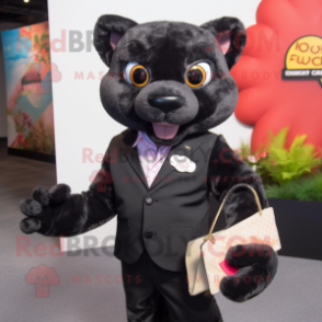 Black Jaguarundi mascot costume character dressed with a Suit Jacket and Wallets