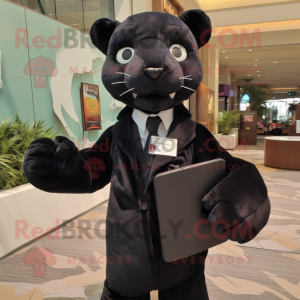 Black Jaguarundi mascot costume character dressed with a Suit Jacket and Wallets