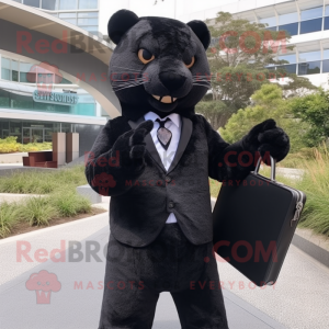 Black Jaguarundi mascot costume character dressed with a Suit Jacket and Wallets