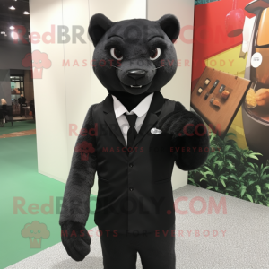 Black Jaguarundi mascot costume character dressed with a Suit Jacket and Wallets