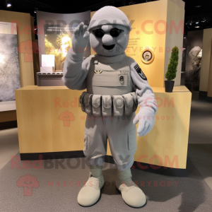 Gray Army Soldier mascot costume character dressed with a Henley Shirt and Scarf clips