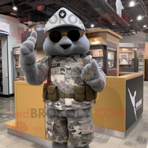 Gray Army Soldier mascot costume character dressed with a Henley Shirt and Scarf clips