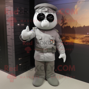 Gray Army Soldier mascot costume character dressed with a Henley Shirt and Scarf clips