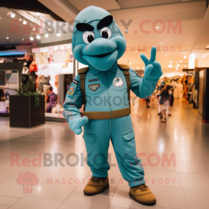 Teal Air Force Soldier mascot costume character dressed with a Bodysuit and Shoe laces