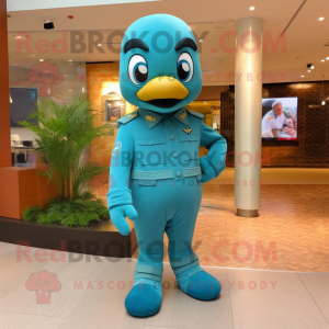 Teal Air Force Soldier mascot costume character dressed with a Bodysuit and Shoe laces