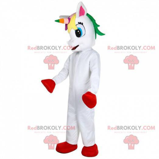 Mascote unicórnio branco com cabeça colorida - Redbrokoly.com