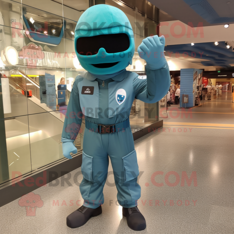 Teal Air Force Soldier mascot costume character dressed with a Bodysuit and Shoe laces