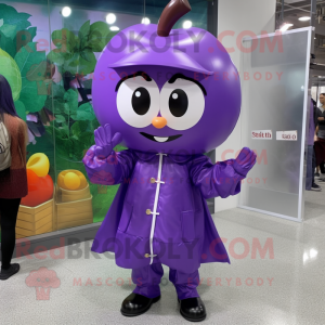Purple Apple mascot costume character dressed with a Raincoat and Suspenders