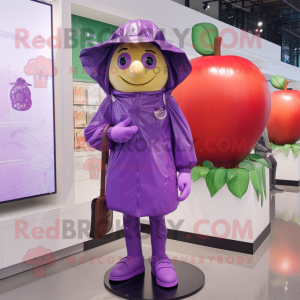 Purple Apple mascot costume character dressed with a Raincoat and Suspenders