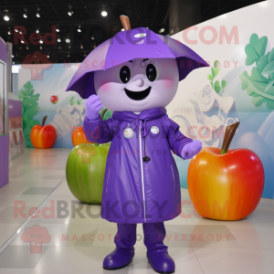 Purple Apple mascot costume character dressed with a Raincoat and Suspenders
