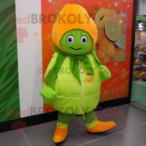 Lime Green Mandarin mascot costume character dressed with a Coat and Beanies