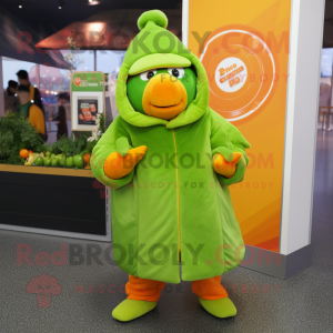 Lime Green Mandarin mascot costume character dressed with a Coat and Beanies