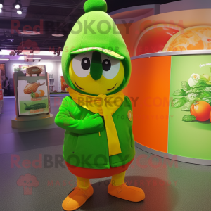 Lime Green Mandarin mascot costume character dressed with a Coat and Beanies