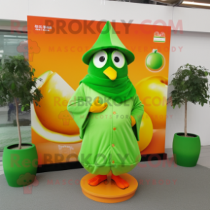 Lime Green Mandarin mascot costume character dressed with a Coat and Beanies