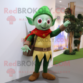 Olive Elf mascot costume character dressed with a Sweater and Messenger bags