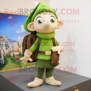 Olive Elf mascot costume character dressed with a Sweater and Messenger bags