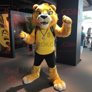 Yellow Saber-Toothed Tiger mascot costume character dressed with a Button-Up Shirt and Shoe laces