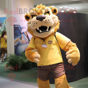 Yellow Saber-Toothed Tiger mascot costume character dressed with a Button-Up Shirt and Shoe laces