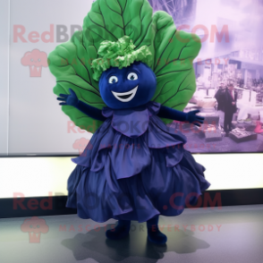 Navy Cabbage Leaf mascot costume character dressed with a Cocktail Dress and Hair clips