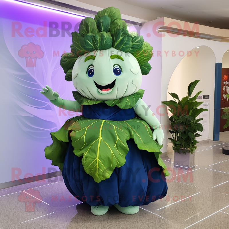 Navy Cabbage Leaf mascot costume character dressed with a Cocktail Dress and Hair clips