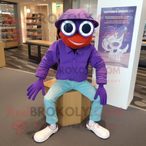 Purple Crab Cakes mascot costume character dressed with a Chinos and Reading glasses