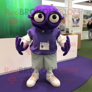 Purple Crab Cakes mascot costume character dressed with a Chinos and Reading glasses
