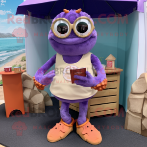 Purple Crab Cakes mascot costume character dressed with a Chinos and Reading glasses