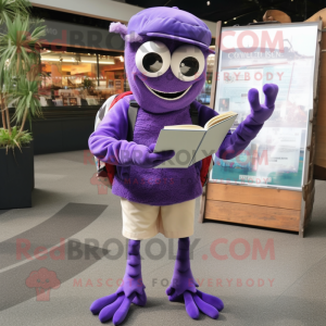 Purple Crab Cakes mascot costume character dressed with a Chinos and Reading glasses