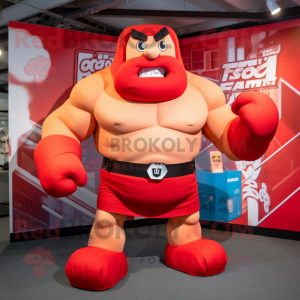 Red Strongman mascot costume character dressed with a Shorts and Scarf clips