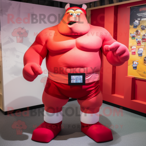 Red Strongman mascot costume character dressed with a Shorts and Scarf clips