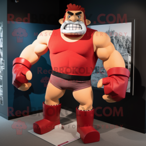 Red Strongman mascot costume character dressed with a Shorts and Scarf clips