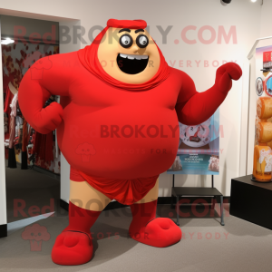 Red Strongman mascot costume character dressed with a Shorts and Scarf clips