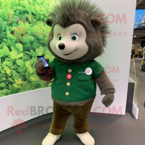 Forest Green Hedgehog mascot costume character dressed with a Corduroy Pants and Smartwatches