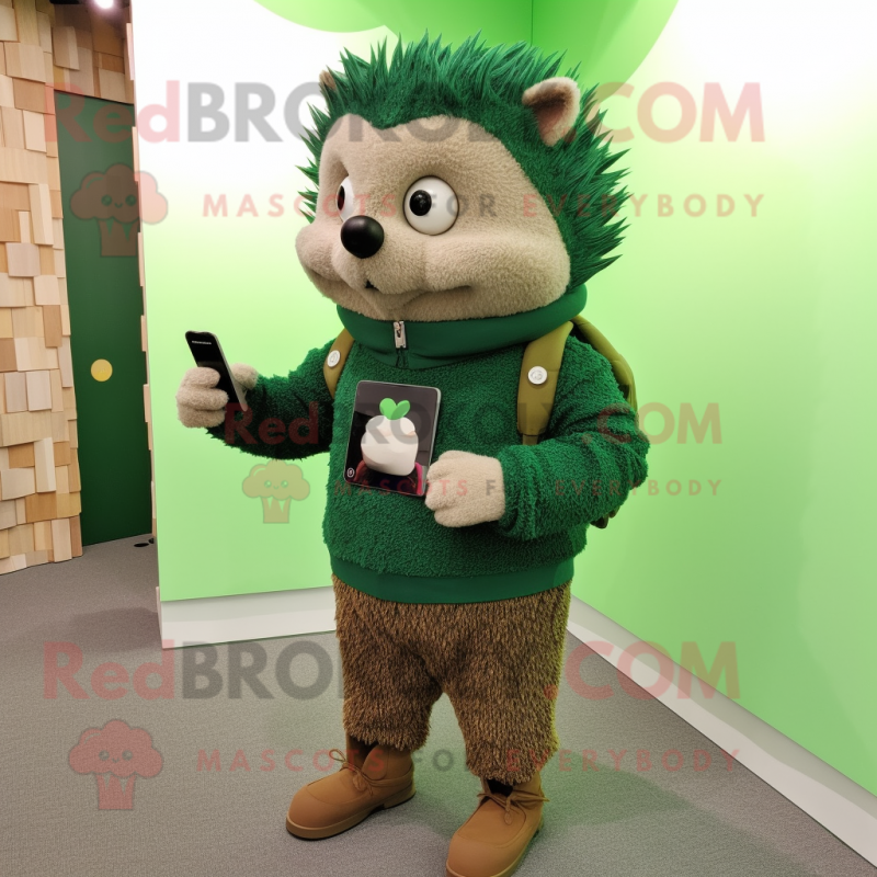 Forest Green Hedgehog mascot costume character dressed with a Corduroy Pants and Smartwatches