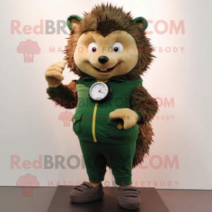 Forest Green Hedgehog mascot costume character dressed with a Corduroy Pants and Smartwatches