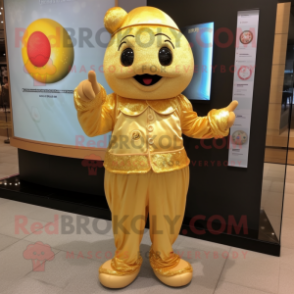 Gold Plum mascot costume character dressed with a Jumpsuit and Keychains